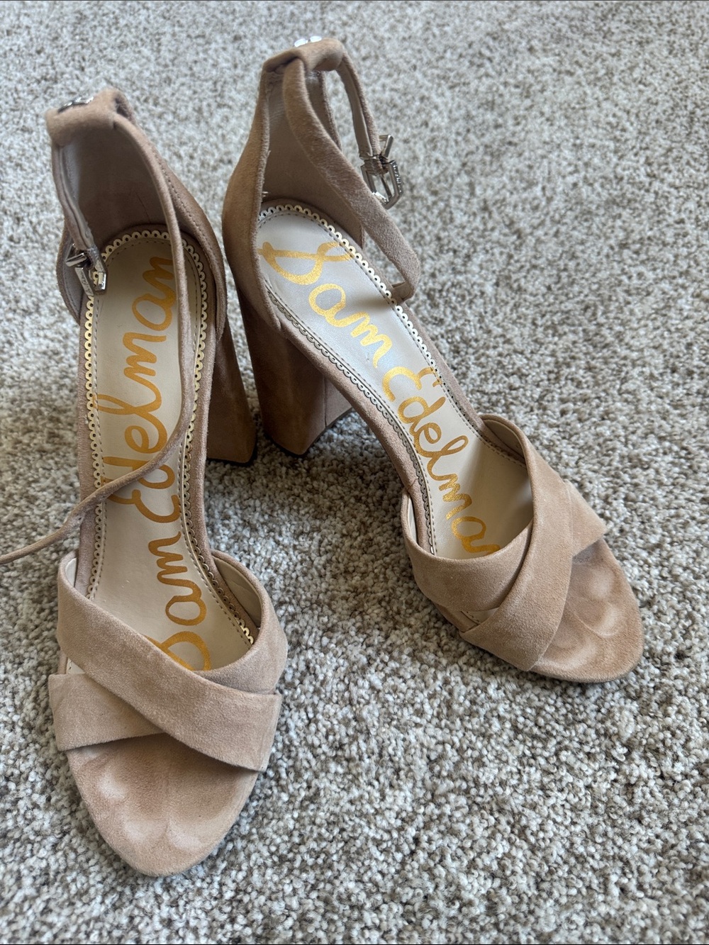 Sam Edelman Beige Suede Crisscross Block Heel Sandals